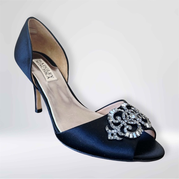 Badgley Mischka Black Satin Peep Toe Heels – Rhinestone – Size 7 – Wedding - Picture 1 of 9